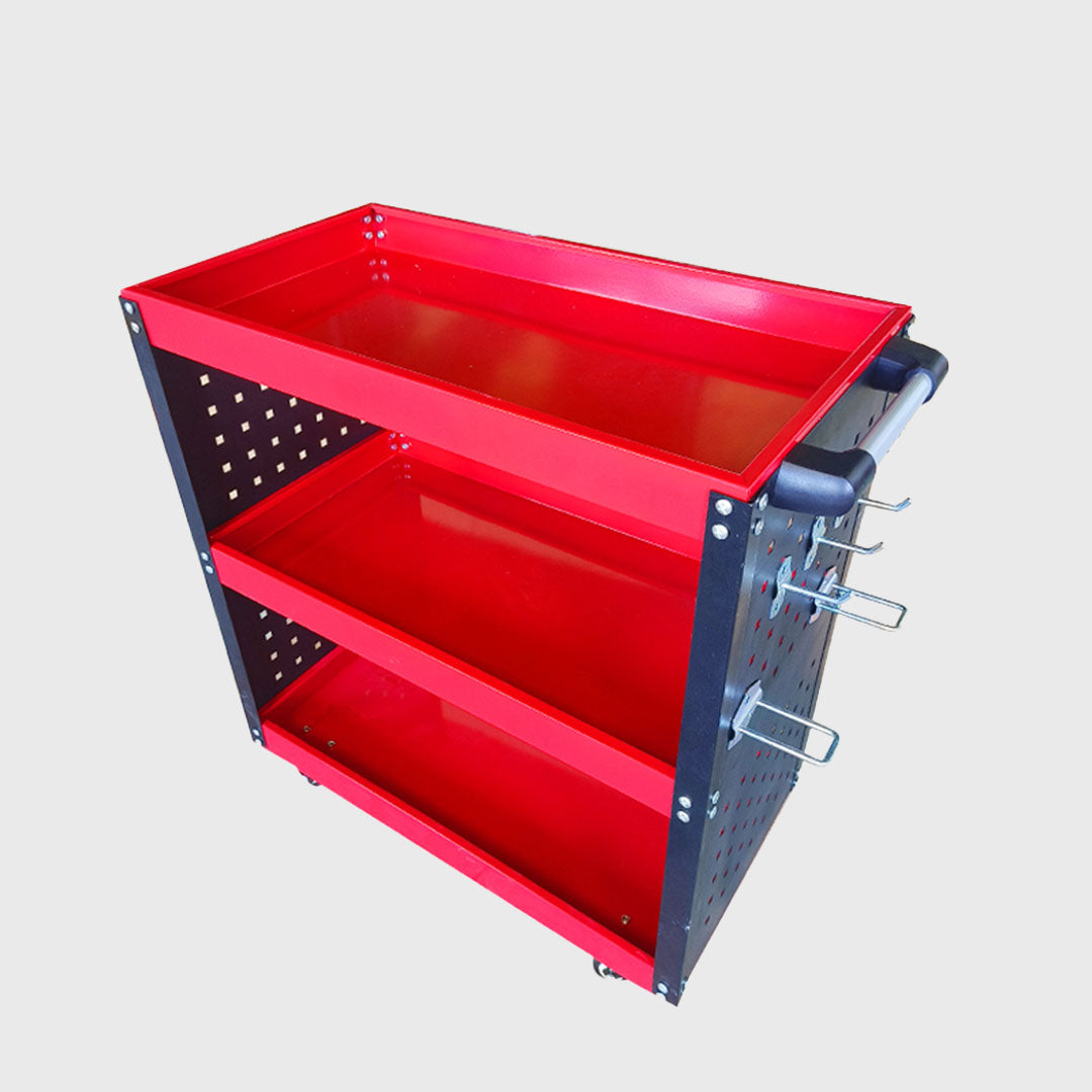 3 Tier Tool Storage Cart with Hooks Red
