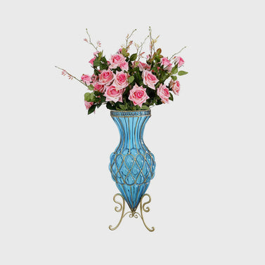 67cm Blue Glass Floor Vase and 12pcs Pink Artificial Flower Set