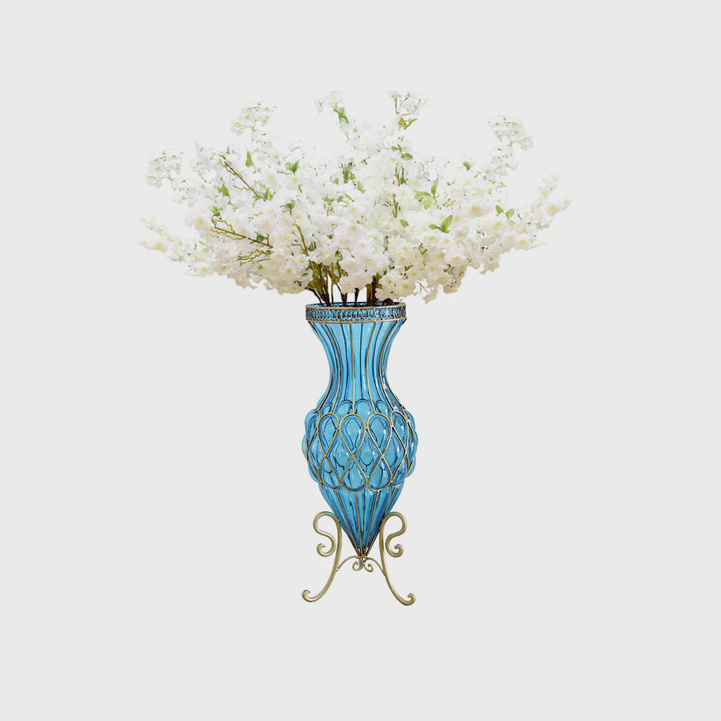 67cm Blue Glass Floor Vase with 10pcs White Artificial Flower Set