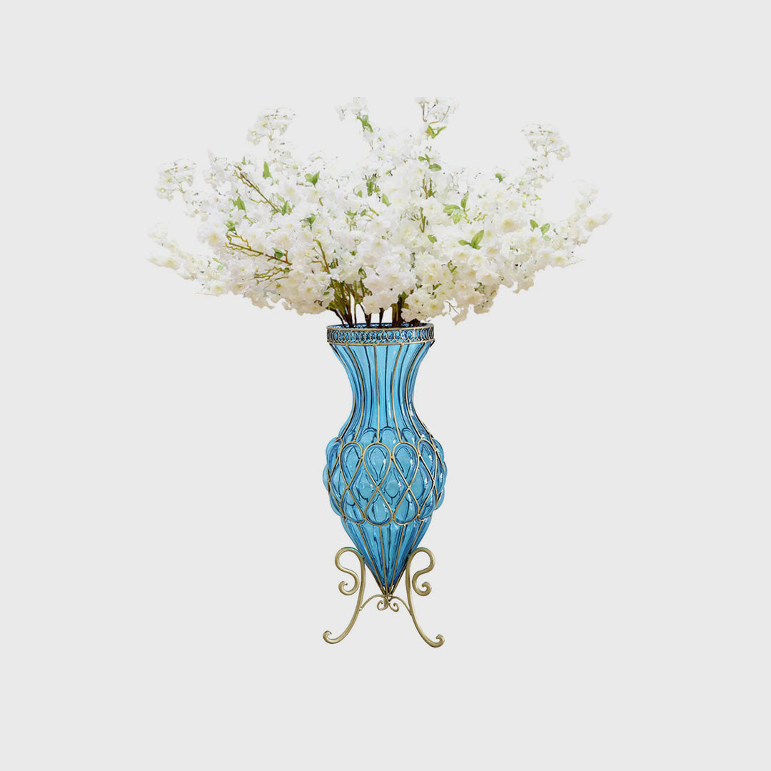 67cm Blue Glass Floor Vase with 10pcs White Artificial Flower Set