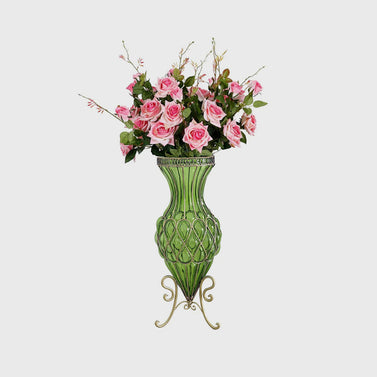 67cm Green Glass Floor Vase and 12pcs Pink Artificial Flower Set