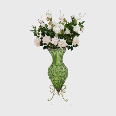 67cm Green Glass Floor Vase and 12pcs White Artificial Flower Set