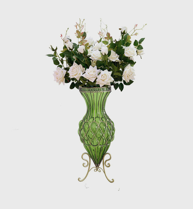 67cm Green Glass Floor Vase and 12pcs White Artificial Flower Set