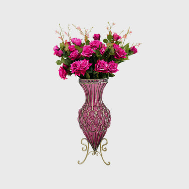 67cm Purple Glass Floor Vase and 12pcs Dark Pink Artificial Flower Set