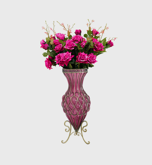 67cm Purple Glass Floor Vase and 12pcs Dark Pink Artificial Flower Set