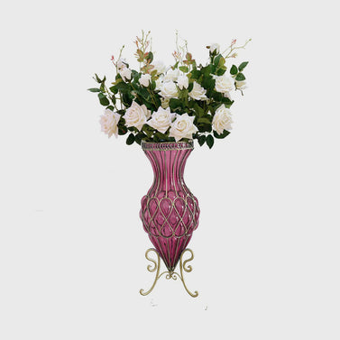 67cm Purple Glass Floor Vase and 12pcs White Artificial Fake Flower Set