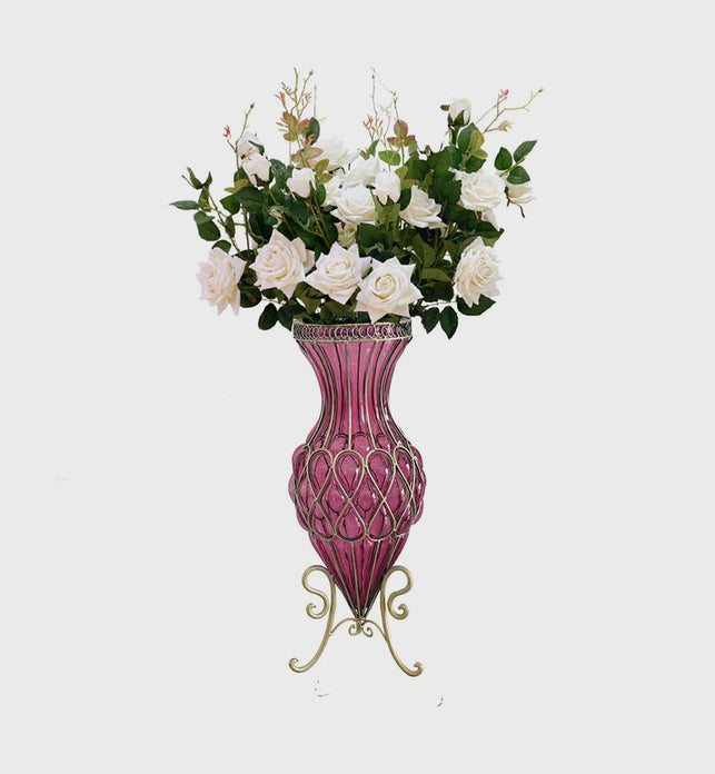 67cm Purple Glass Floor Vase and 12pcs White Artificial Fake Flower Set