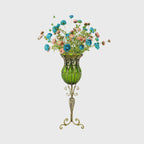 85cm Green Glass Floor Vase and 12pcs Blue Artificial Flower Set