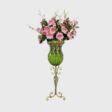 85cm Green Glass Floor Vase and 12pcs Pink Artificial Flower Set