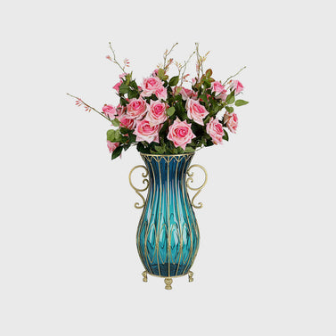 51cm Blue Glass Floor Vase with 12pcs Pink Artificial Flower Set