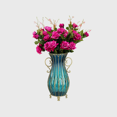 51cm Blue Glass Floor Vase with 12pcs Artificial Flower Set