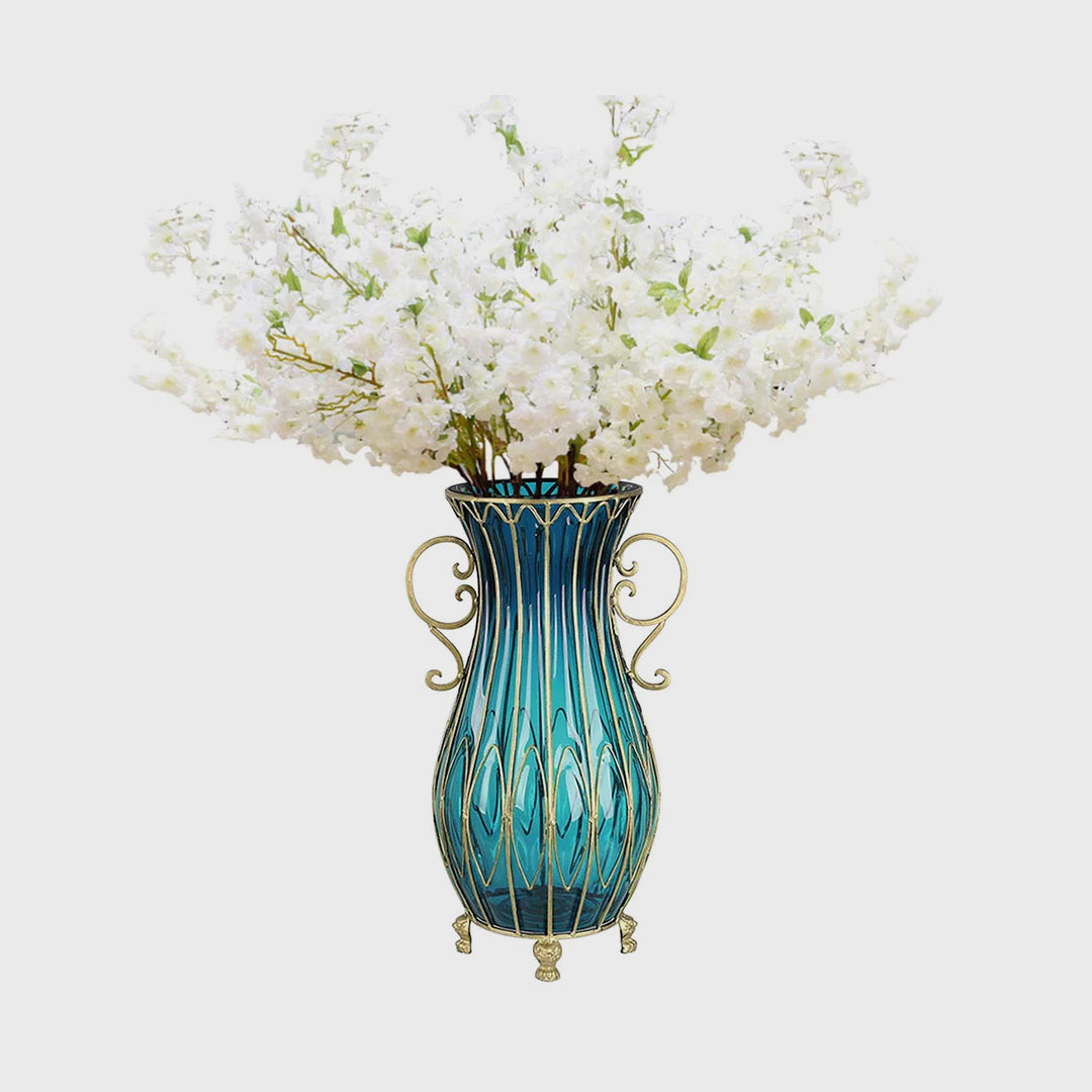 51cm Blue Glass Floor Vase and 10pcs White Artificial Flower Set