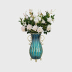 51cm Blue Glass Floor Vase with 12pcs White Artificial Flower Set