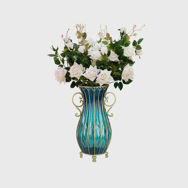 51cm Blue Glass Floor Vase with 12pcs White Artificial Flower Set