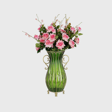 51cm Green Glass Floor Vase with 12pcs Pink Artificial Flower Set