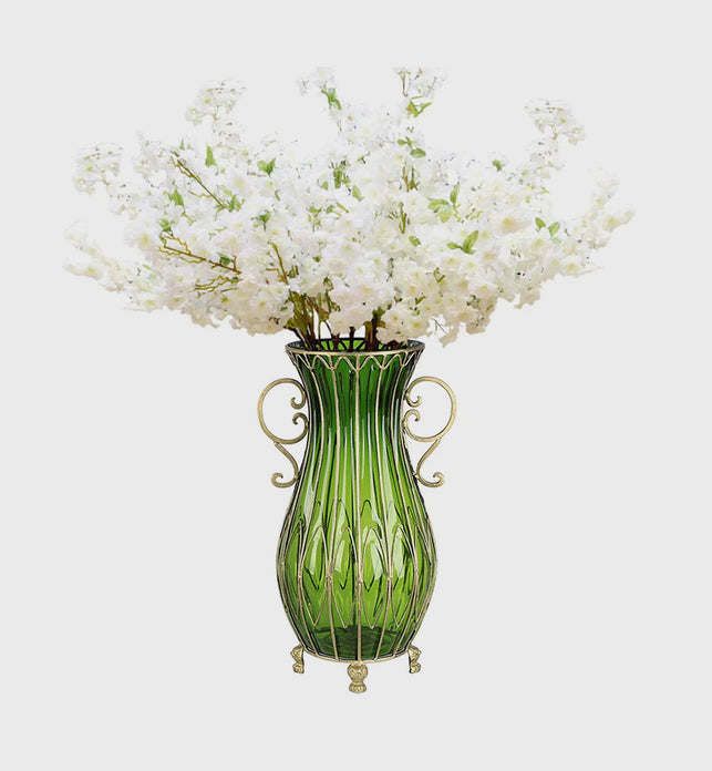 51cm Green Glass Floor Vase and 10pcs White Artificial Flower Set