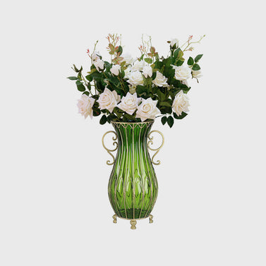 51cm Green Glass Floor Vase with 12pcs White Artificial Flower Set