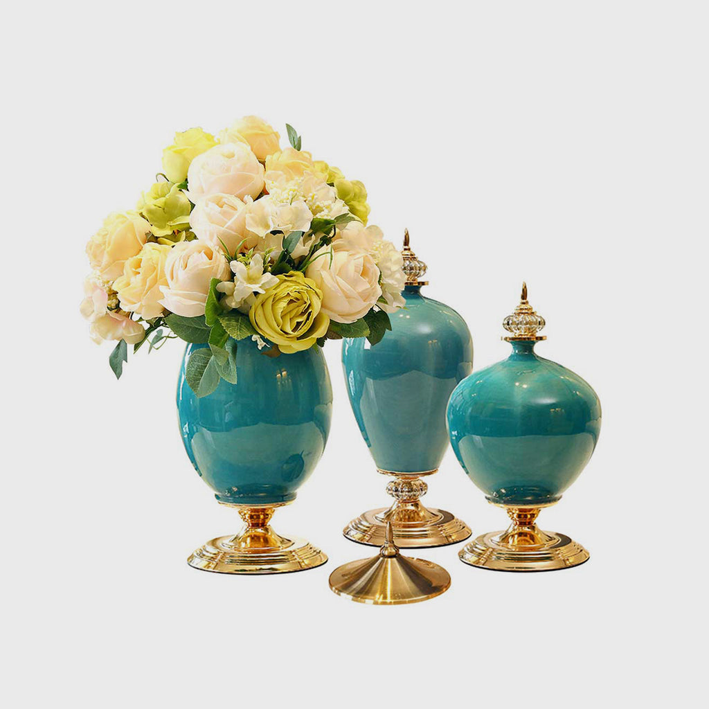 3x Ceramic Vase with Blue Flower Set Green