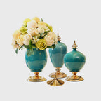 3x Ceramic Vase with Blue Flower Set Green