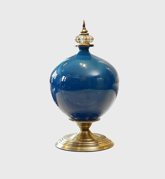 38cm Ceramic Vase with Gold Metal Base Dark Blue