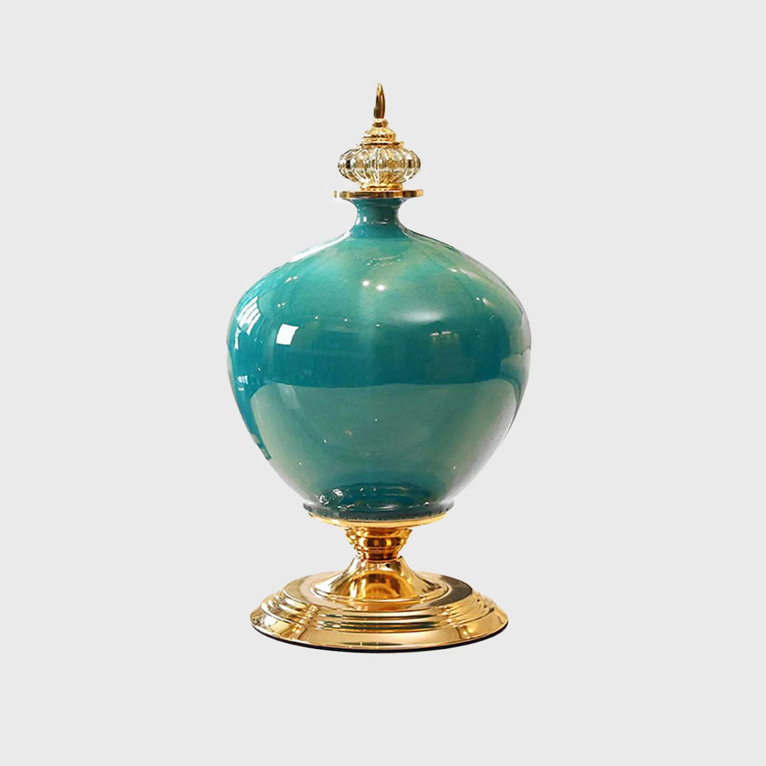 38cm Ceramic Vase with Gold Metal Base Green