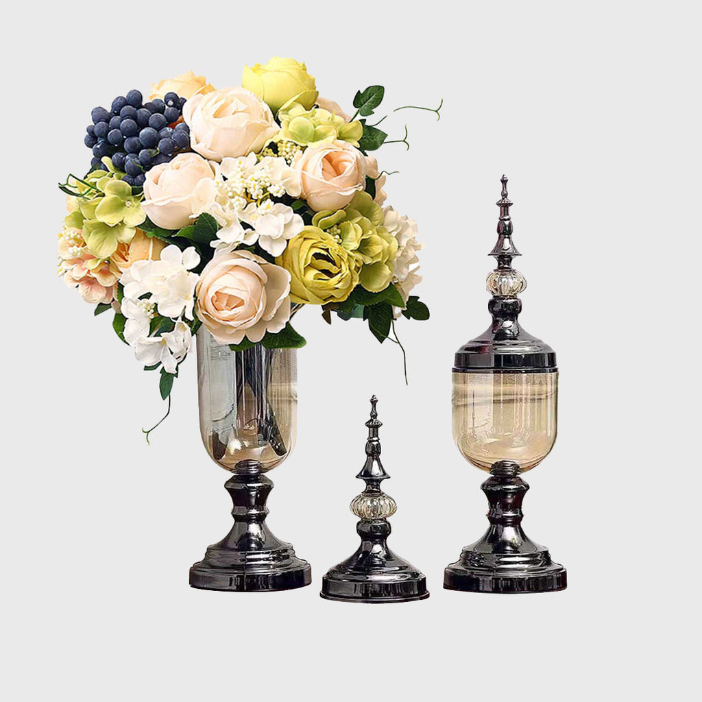 2x Clear Black Glass Vase with Lid and White Flower Set