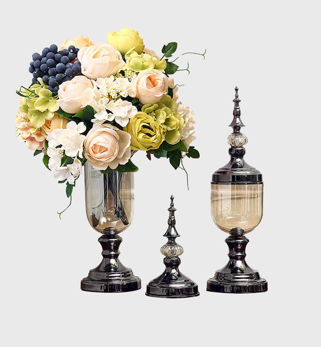 2x Clear Black Glass Vase with Lid and White Flower Set