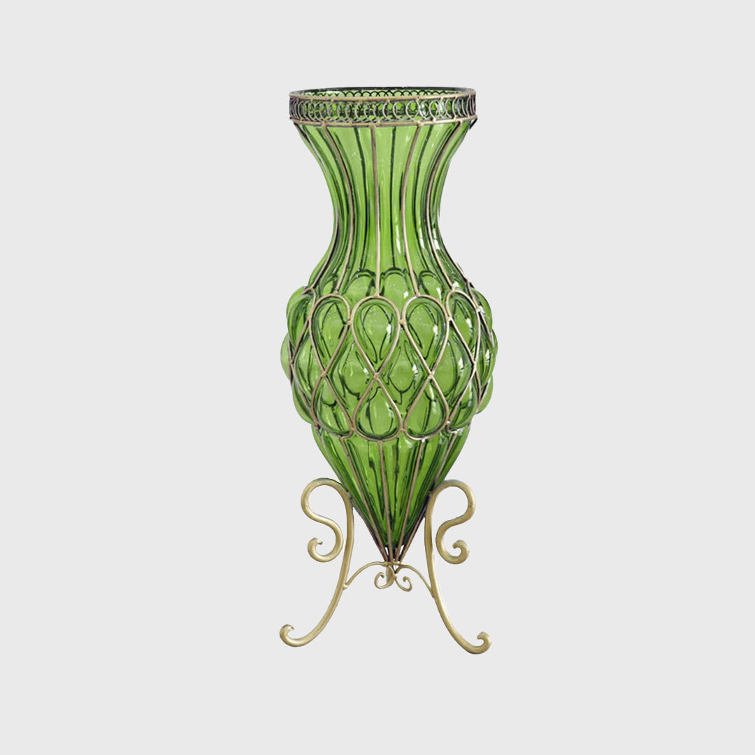 67cm Green Glass Floor Vase with Metal Stand
