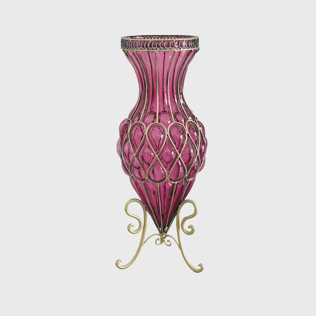 67cm Purple Glass Floor Vase with Metal Stand