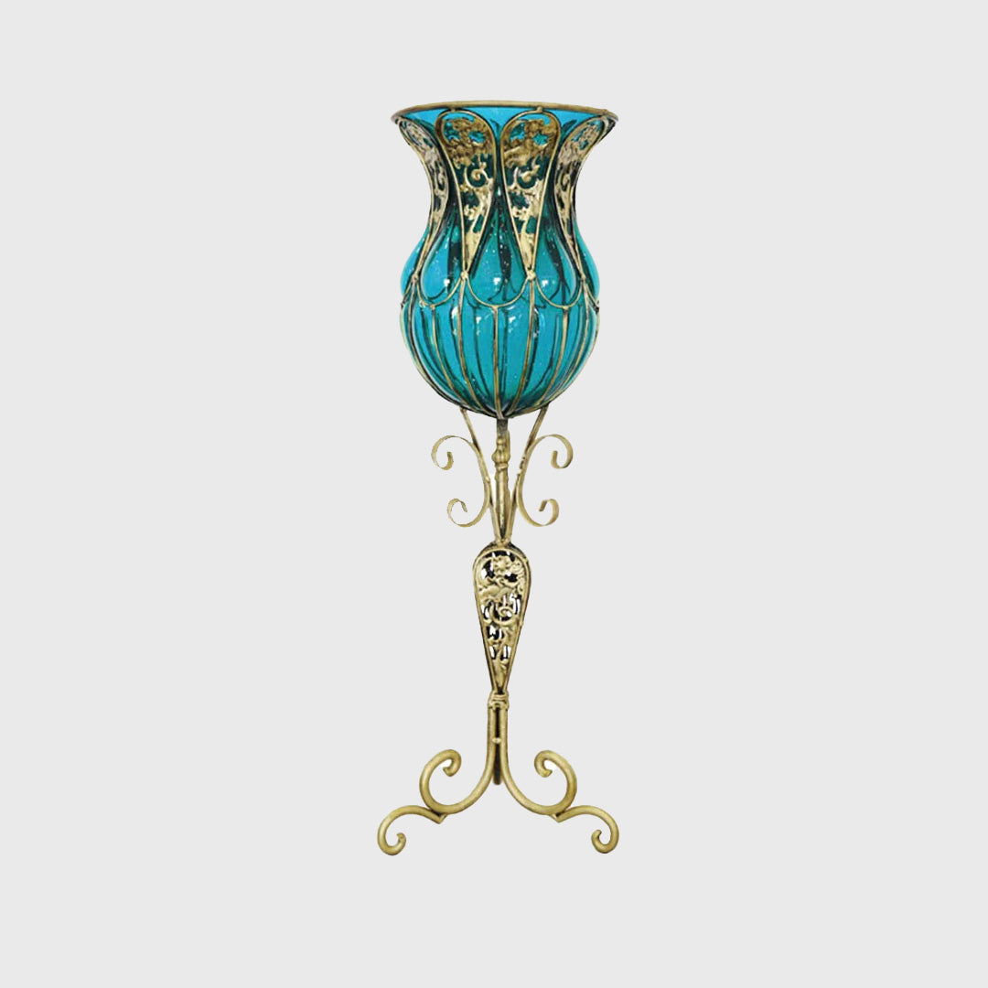 85cm Blue Glass Floor Vase with Tall Metal Stand