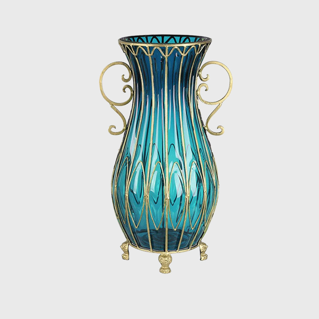 51cm Blue Glass Floor Vase with Metal Stand