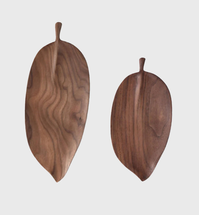 Set of 2 Walnut Leaf Shape Wooden Tray