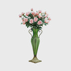 Green Glass Flower Vase with 8 Bunch 5 Heads Artificial Silk Rose Set