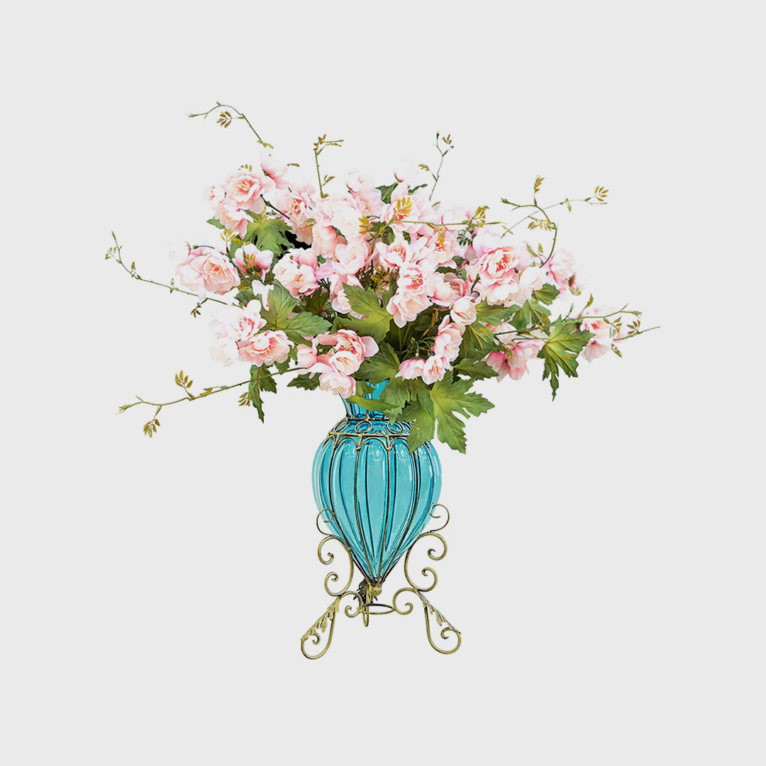 Blue Glass Floor Flower Vase with 8 Bunch 3 Heads Artificial Silk Hibiscus Set