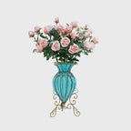 Blue Glass Floor Flower Vase 8 Bunch 5 Heads Artificial Silk Rose Set