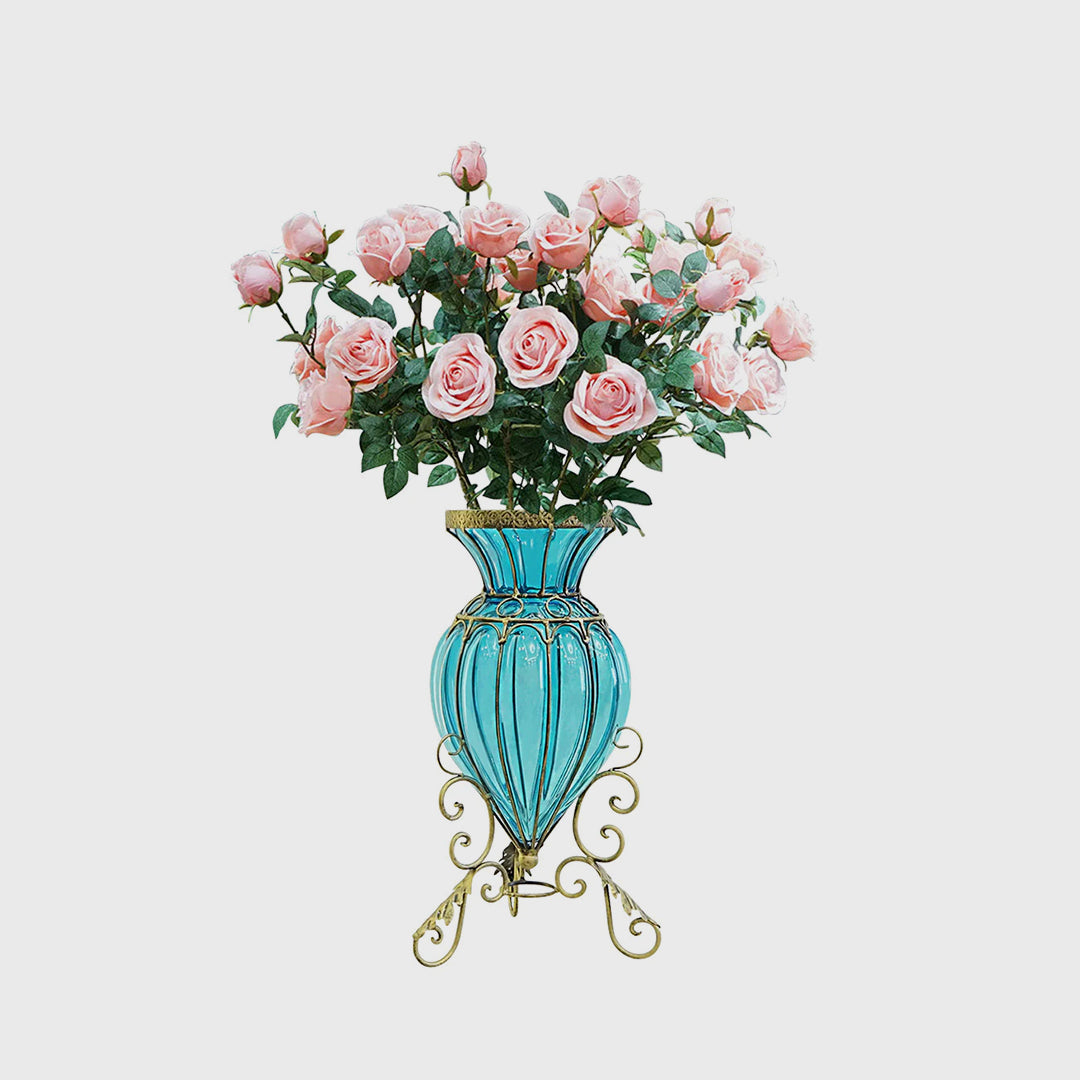 Blue Glass Floor Flower Vase 8 Bunch 5 Heads Artificial Silk Rose Set