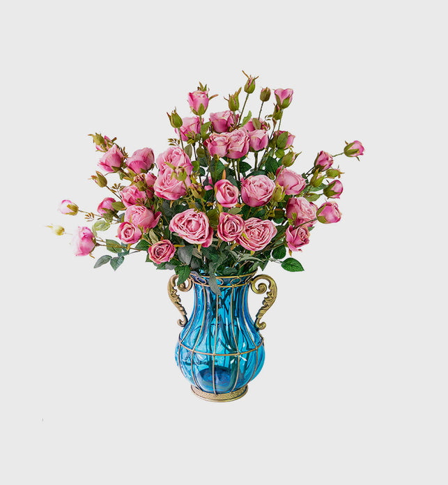 Blue Glass Flower Vase with 10 Bunch 6 Heads Artificial Silk Rose Set