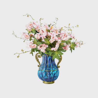 Blue Glass Flower Vase with 8 Bunch 3 Heads Artificial Silk Hibiscus Set