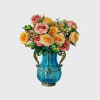 Blue Glass Flower Vase with 4 Bunch 11 Heads Artificial Silk Rose Set