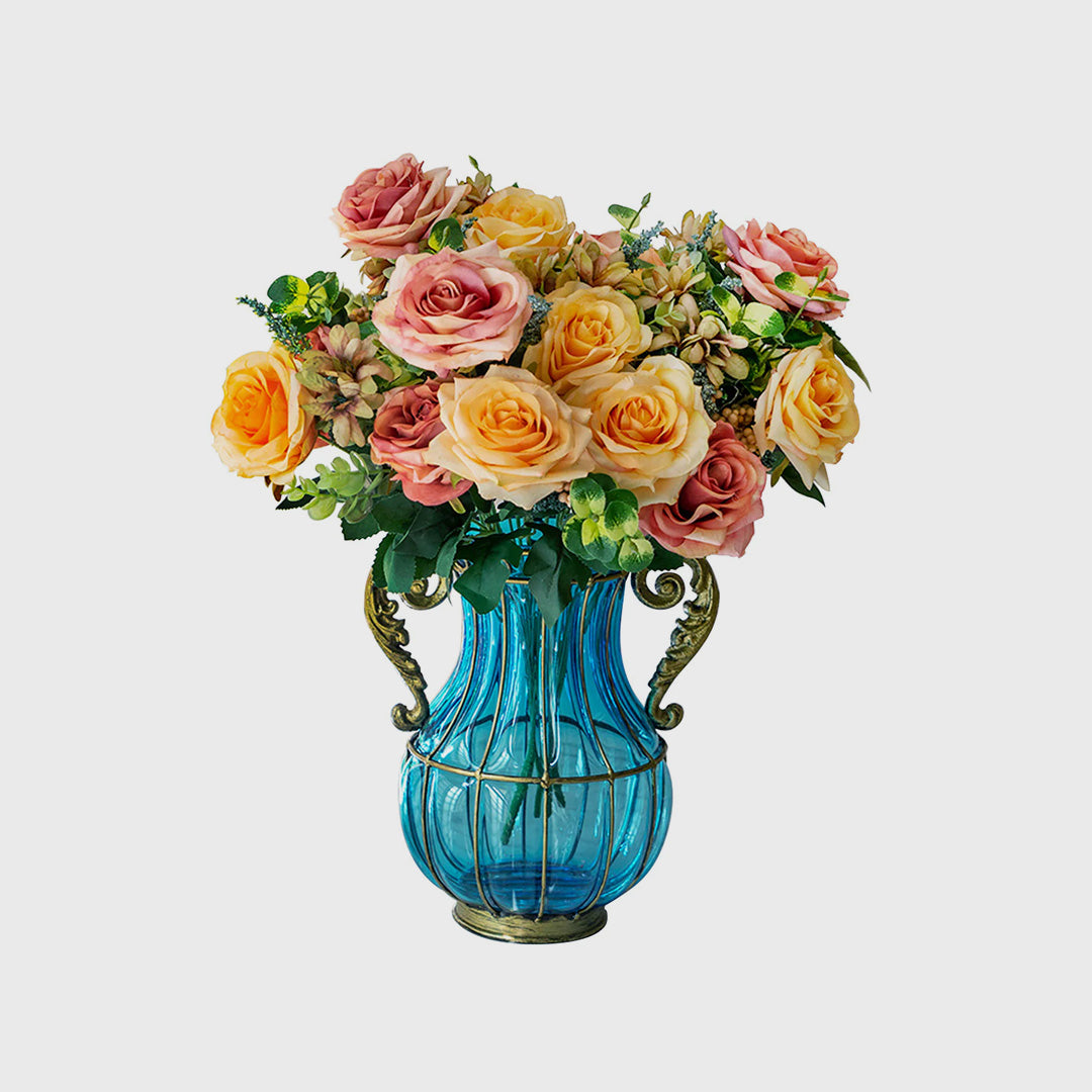 Blue Glass Flower Vase with 4 Bunch 11 Heads Artificial Silk Rose Set