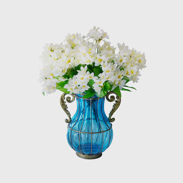 Blue Glass Flower Vase with 10 Bunch 6 Heads Artificial Silk Lilium nanum Set