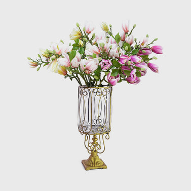 Clear Glass Cylinder Flower Vase with 6 Bunch 4 Heads Artificial Silk Magnolia denudata Set