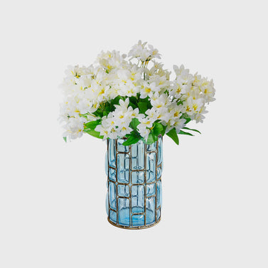 Blue Glass Cylinder Flower Vase with 10 Bunch 6 Heads Artificial Silk Lilium nanum Set