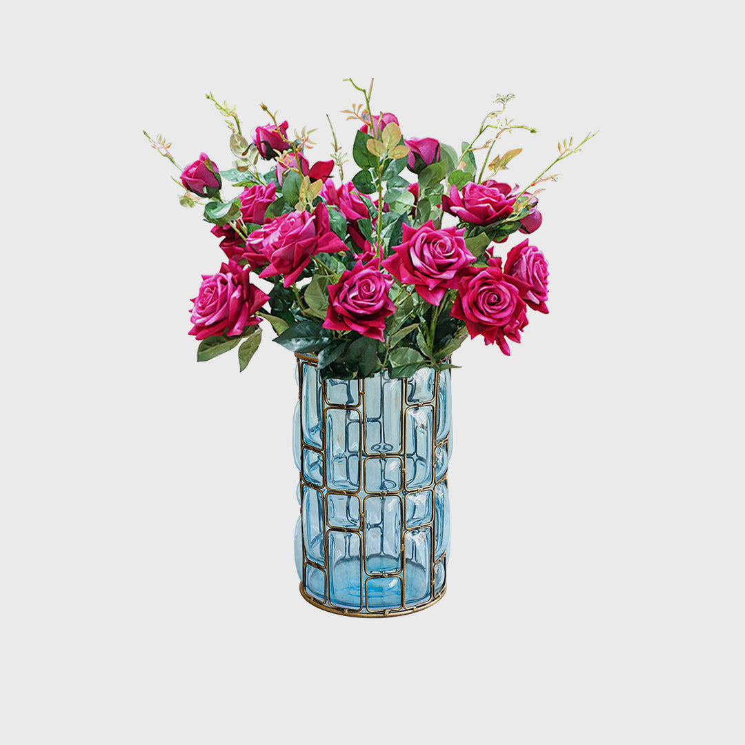 Blue Glass Cylinder Flower Vase with 8 Bunch 5 Heads Artificial Silk Rose Set