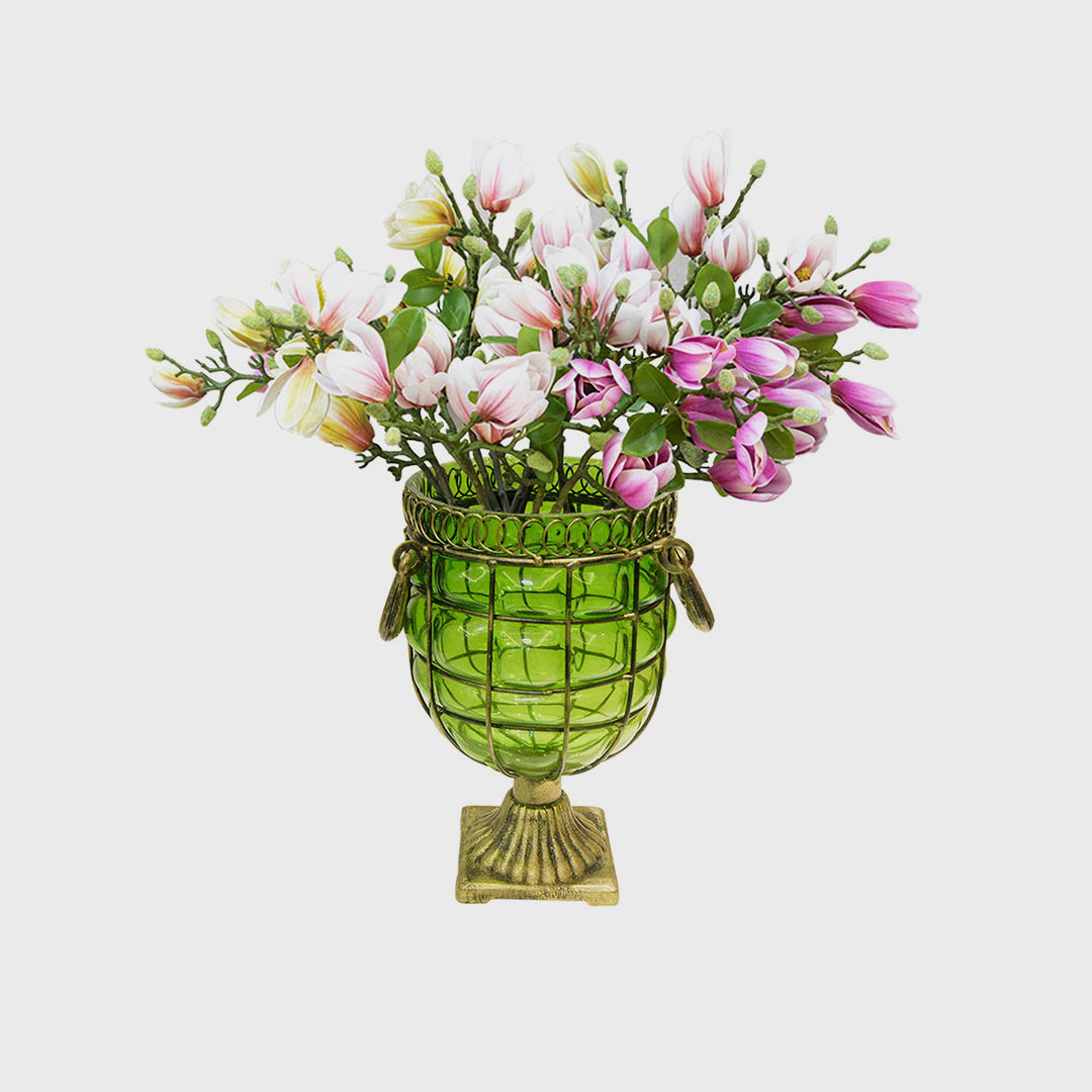 Green Glass Flower Vase with 6 Bunch 4 Heads Artificial Silk Magnolia denudata Set