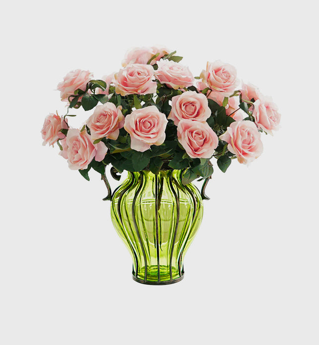 Green Glass Flower Vase with 4 Bunch 9 Heads Artificial Silk Rose Set