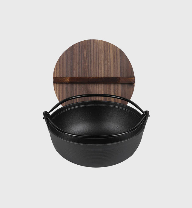 29cm Cast Iron Sukiyaki Hot Pot with Wooden Lid