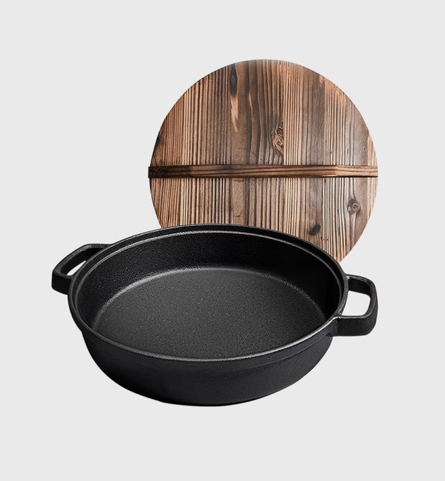 35cm Round Cast Iron Frying Pan with Wooden Lid