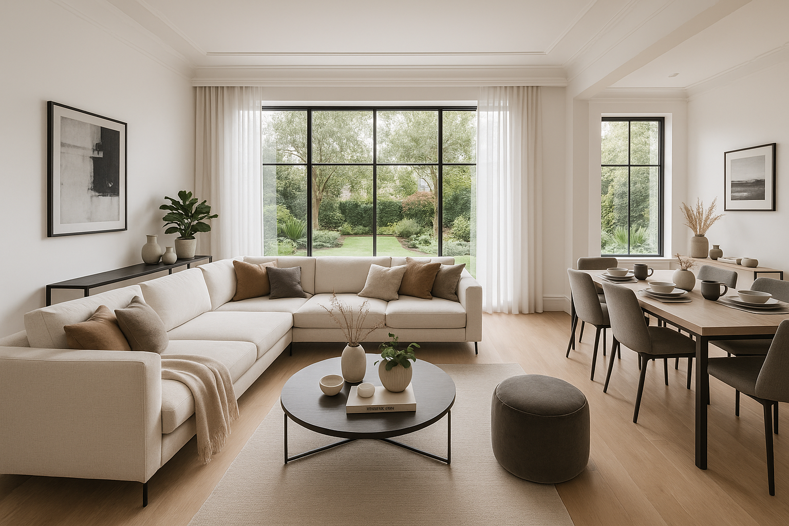 make this more elegant, add more related accents like artificial plants, paintings, vases, mugs, throw blankets, pouffe, throw pillows, diningware. add outside peek of the garden