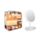 Transparent Cosmetic Storage Skincare Organiser with Pearls and White LED Light Tabletop Mirror Set